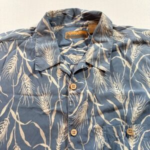 Bobby Chan Silk Button Down Shirt Mens XXL Blue Wheat Print Camp Aloha Resort